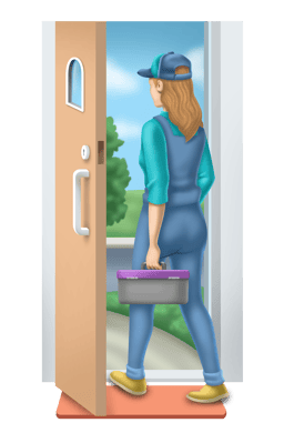 Woman plumber walking out of doorway